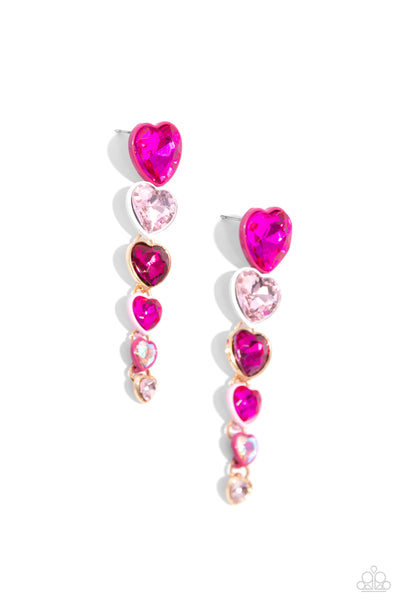 CASCADING CASANOVA - PINK AND IRIDESCENT HEART GEM POST EARRINGS - PAPARAZZI