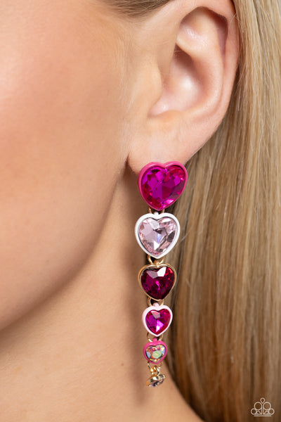 CASCADING CASANOVA - PINK AND IRIDESCENT HEART GEM POST EARRINGS - PAPARAZZI