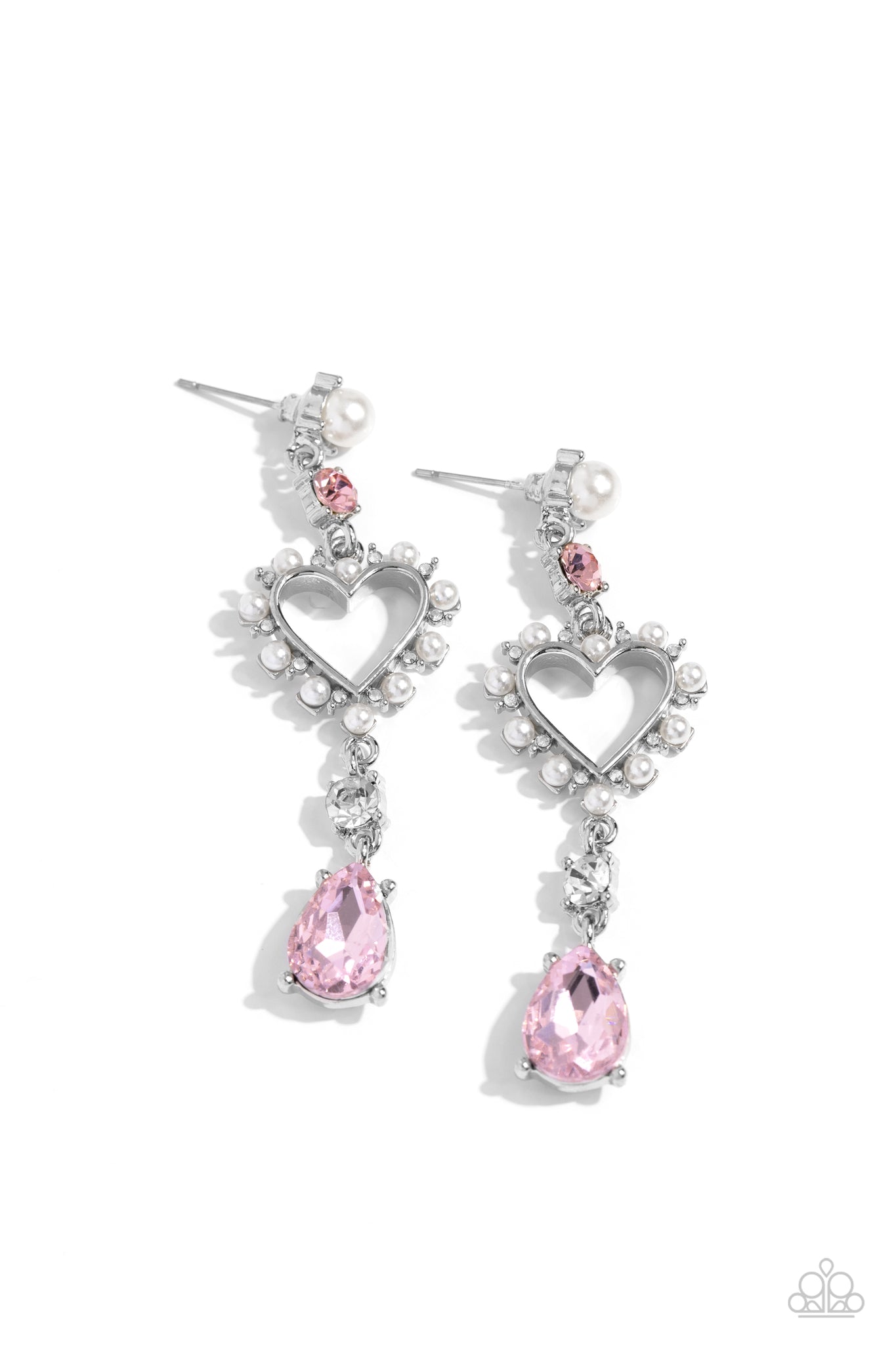 LOVERS LURE - PINK GEM WHITE PEARL SILVER HEART POST EARRINGS - PAPARAZZI