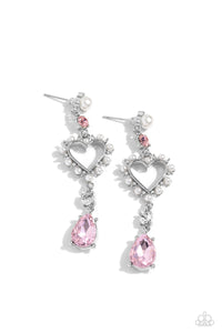 LOVERS LURE - PINK GEM WHITE PEARL SILVER HEART POST EARRINGS - PAPARAZZI