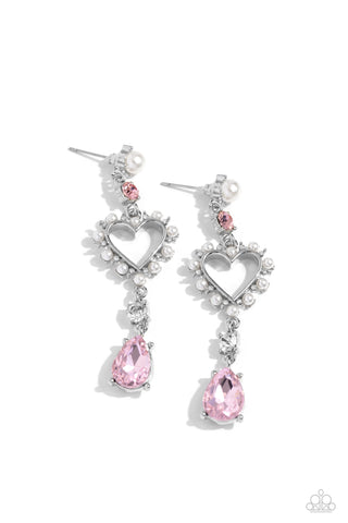 LOVERS LURE - PINK GEM WHITE PEARL SILVER HEART POST EARRINGS - PAPARAZZI