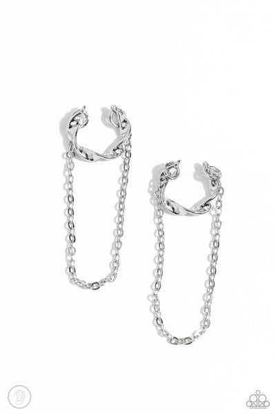 CUFF HANGER - SILVER CHAIN EAR CUFF EARRINGS - PAPARAZZI