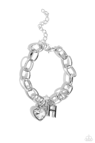 GUESS NOW ITS INITIAL - WHITE - H HEART GEM LETTER ALPHABET SILVER CHARM BRACELET - PAPARAZZI