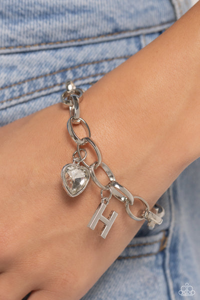 GUESS NOW ITS INITIAL - WHITE - H HEART GEM LETTER ALPHABET SILVER CHARM BRACELET - PAPARAZZI