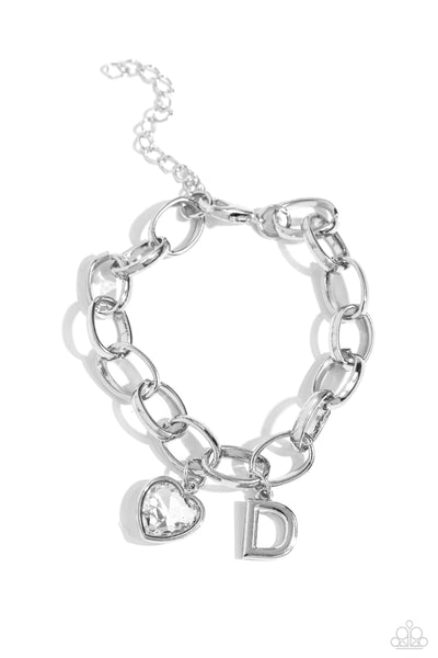 GUESS NOW ITS INITIAL - WHITE - D HEART GEM LETTER ALPHABET SILVER CHARM BRACELET - PAPARAZZ