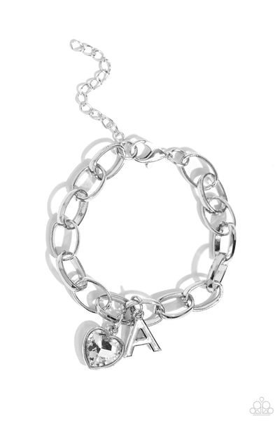 GUESS NOW ITS INITIAL - WHITE - A HEART GEM LETTER ALPHABET SILVER CHARM BRACELET - PAPARAZZ