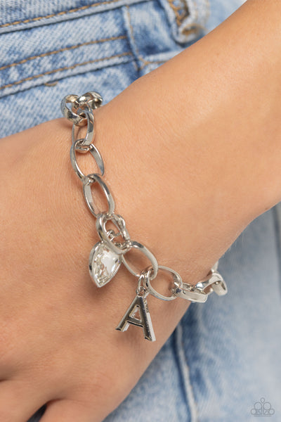 GUESS NOW ITS INITIAL - WHITE - A HEART GEM LETTER ALPHABET SILVER CHARM BRACELET - PAPARAZZ