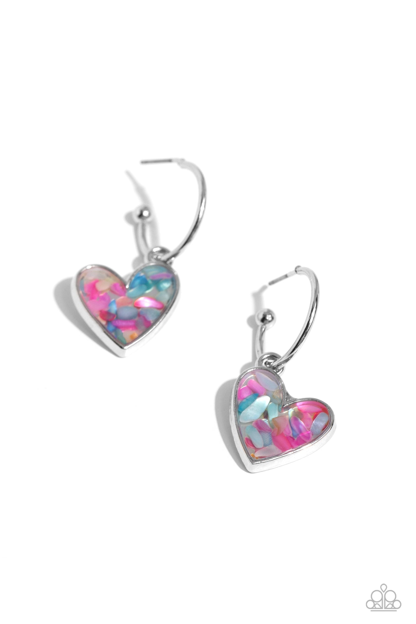 SHELL SIGNAL - PINK AND TURQUOISE SHELL HEART SILVER HOOP EARRINGS - PAPARAZZI