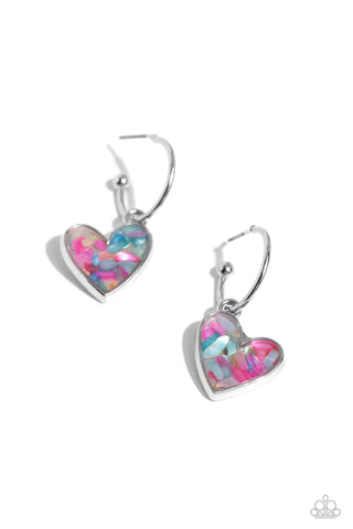 SHELL SIGNAL - PINK AND TURQUOISE SHELL HEART SILVER HOOP EARRINGS - PAPARAZZI