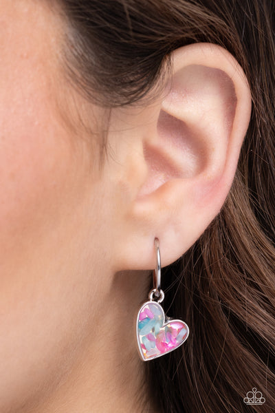 SHELL SIGNAL - PINK AND TURQUOISE SHELL HEART SILVER HOOP EARRINGS - PAPARAZZI