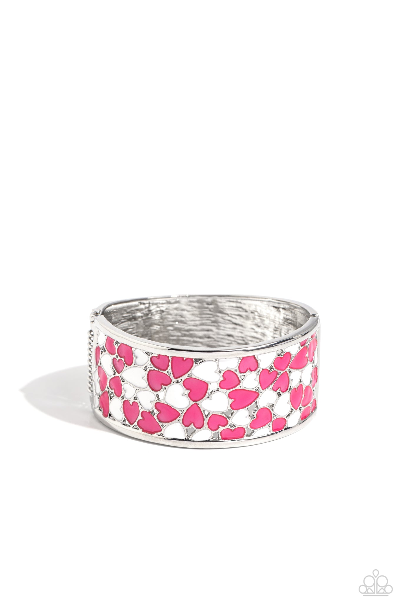 PENCHANT FOR PATTERNS - PINK AND WHITE HEART SILVER CUFF BRACELET - PAPARAZZI