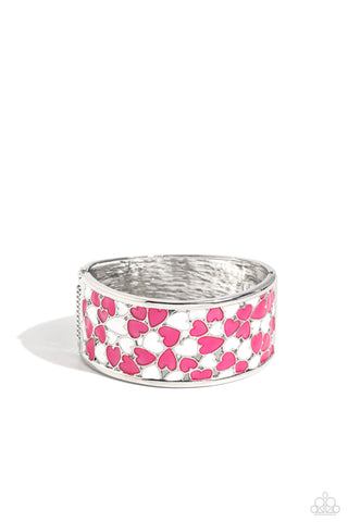 PENCHANT FOR PATTERNS - PINK AND WHITE HEART SILVER CUFF BRACELET - PAPARAZZI