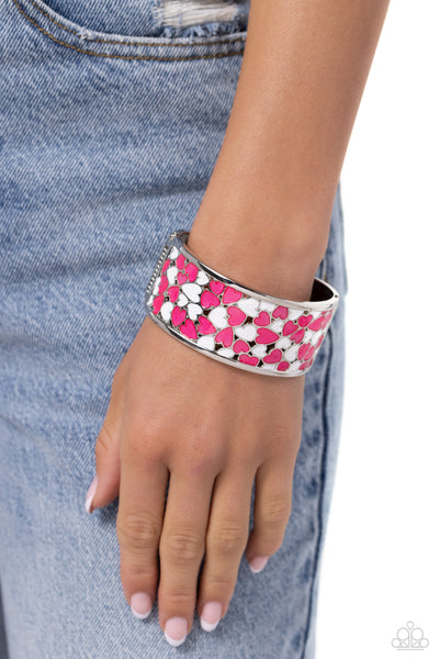 PENCHANT FOR PATTERNS - PINK AND WHITE HEART SILVER CUFF BRACELET - PAPARAZZI