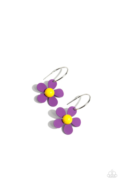 MORE FLOWER TO YOU! - PURPLE PETAL YELLOW CENTER SILVER HOOP EARRINGS - PAPARAZZI