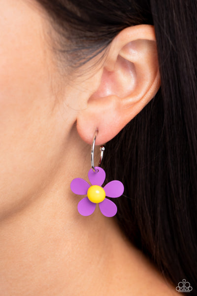 MORE FLOWER TO YOU! - PURPLE PETAL YELLOW CENTER SILVER HOOP EARRINGS - PAPARAZZI