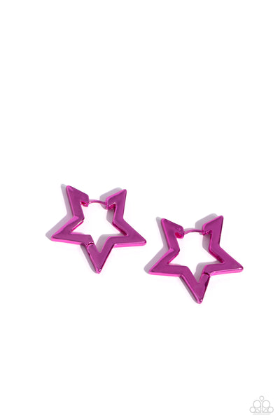 IN A GALAXY STAR, STAR AWAY - PINK METALLIC HINGED HOOP EARRINGS - PAPARAZZI