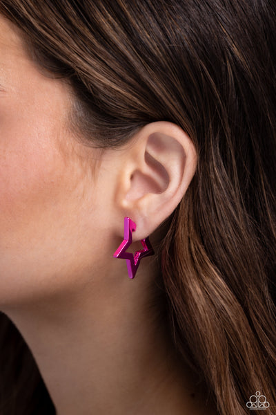 IN A GALAXY STAR, STAR AWAY - PINK METALLIC HINGED HOOP EARRINGS - PAPARAZZI