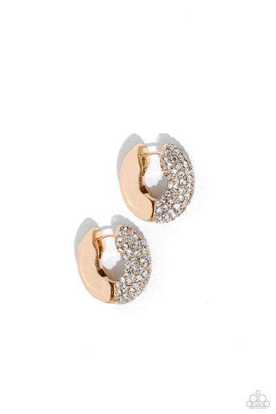 COMBUSTIBLE CONFIDENCE - GOLD WHITE RHINESTONE HINGED HOOP EARRINGS - PAPARAZZI