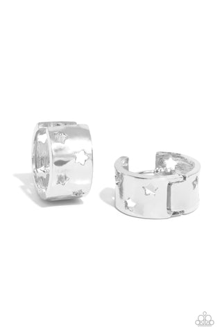 SETTING THE STAR HIGH - SILVER STAR HINGED HOOP EARRINGS - PAPARAZZI