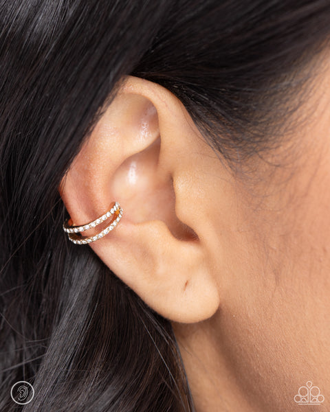 MONOCHROMATIC MYSTIQUE - GOLD WHITE RHINESTONE EAR CUFF EARRINGS - PAPARAZZI
