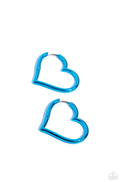 LOVING LEGEND - BLUE METALLIC HEART HINGE HOOP EARRINGS - PAPARAZZI