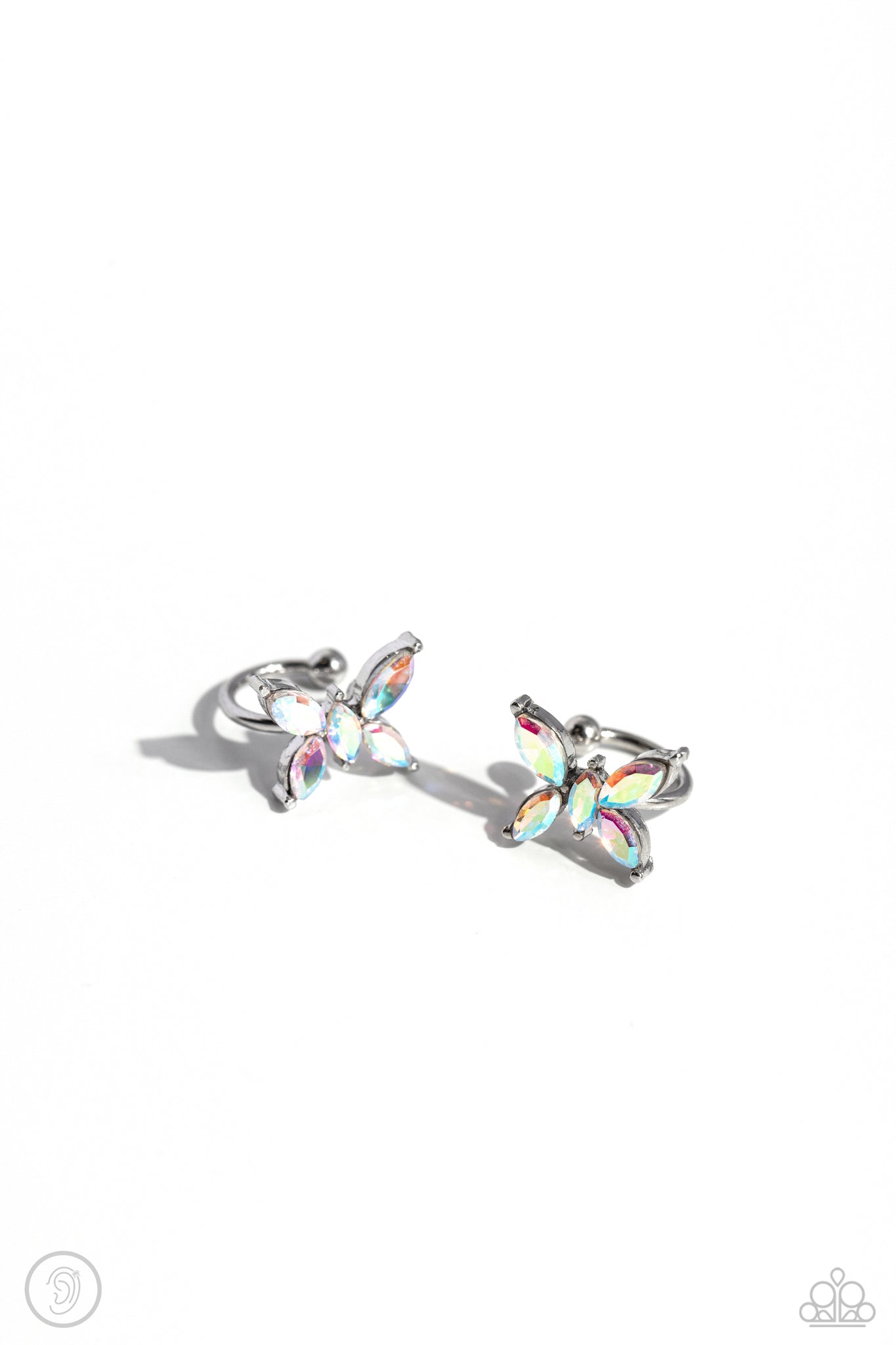 AERIAL ADVANCEMENT - MULTI IRIDESCENT BUTTERFLY RHINESTONE SILVER EAR CUFF EARRINGS - PAPARAZZI