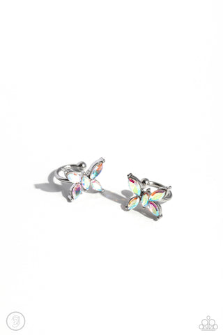 AERIAL ADVANCEMENT - MULTI IRIDESCENT BUTTERFLY RHINESTONE SILVER EAR CUFF EARRINGS - PAPARAZZI