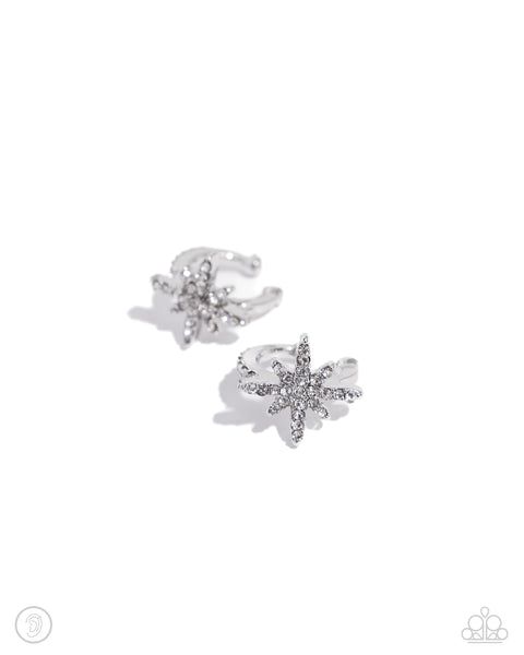 COSMIC CUFF - WHITE RHINESTONE SILVER STAR EAR CUFF EARRINGS - PAPARAZZI