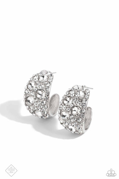 FREETHINKING FINESSE - WHITE RHINESTONE GEM SILVER HOOP EARRINGS - PAPARAZZI MARCH 2024