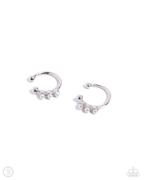 BALLERINA BACKDROP - WHITE PEARL SILVER EAR CUFF EARRINGS - PAPARAZZI