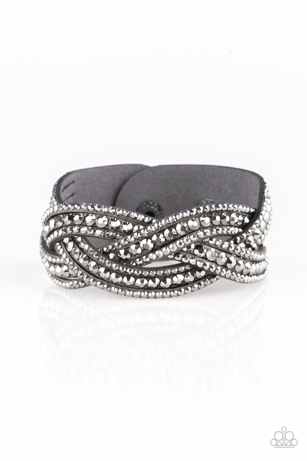 BRING ON THE BLING - SILVER HEMATITE RHINESTONE GRAY SUEDE WRAP BRACELET - PAPARAZZI