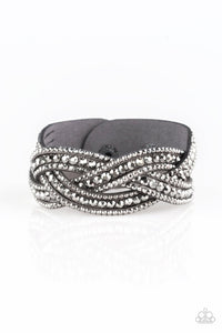 BRING ON THE BLING - SILVER HEMATITE RHINESTONE GRAY SUEDE WRAP BRACELET - PAPARAZZI