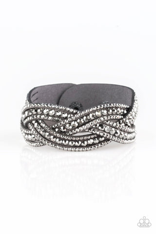 BRING ON THE BLING - SILVER HEMATITE RHINESTONE GRAY SUEDE WRAP BRACELET - PAPARAZZI