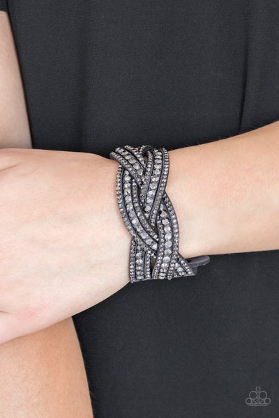 BRING ON THE BLING - SILVER HEMATITE RHINESTONE GRAY SUEDE WRAP BRACELET - PAPARAZZI