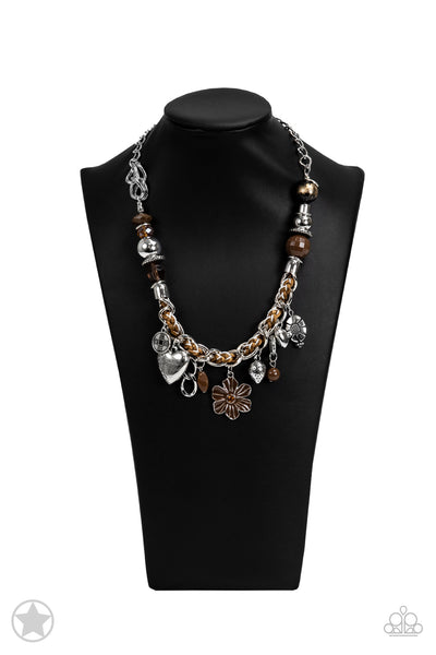 CHARMED, I AM SURE - BROWN HEART FLOWER AFFIRMATION BLOCKBUSTER NECKLACE - PAPARAZZI