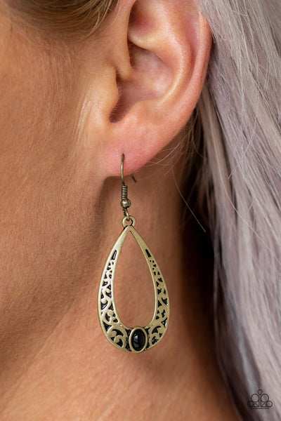 COLORFULLY CHARISMATIC - PAPARAZZI - BRASS TEARDROP FRAME BLACK BEAD EARRINGS