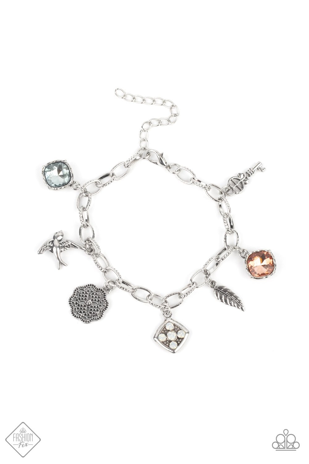 FANCIFULLY FLIGHTY - MULTI IRIDESCENT RHINESTONE FLORAL FEATHER SILVER BRACELET JUNE 2021 FASHION FIX - PAPARAZZI