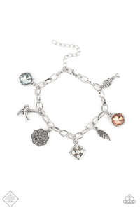 FANCIFULLY FLIGHTY - MULTI IRIDESCENT RHINESTONE FLORAL FEATHER SILVER BRACELET JUNE 2021 FASHION FIX - PAPARAZZI