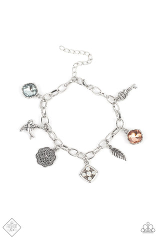 FANCIFULLY FLIGHTY - MULTI IRIDESCENT RHINESTONE FLORAL FEATHER SILVER BRACELET JUNE 2021 FASHION FIX - PAPARAZZI