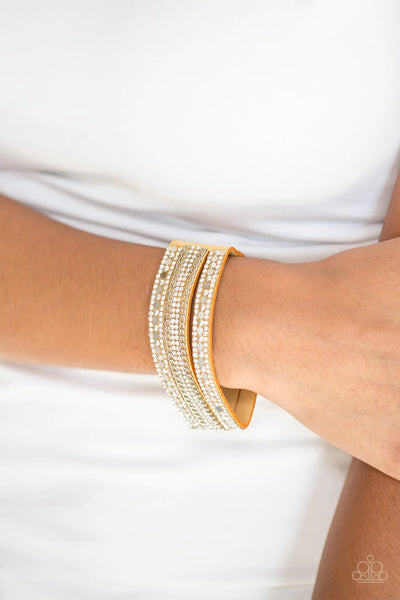 FASHION FANATIC - PAPARAZZI - YELLOW SUEDE WHITE RHINESTONE WRAP BRACELET