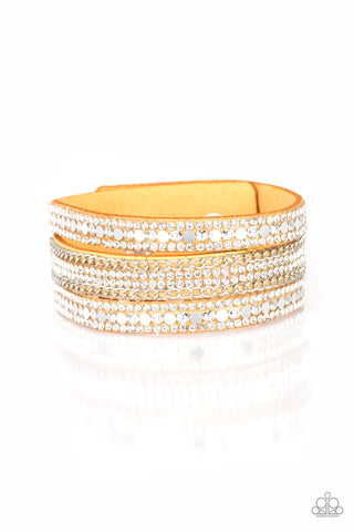 FASHION FANATIC - PAPARAZZI - YELLOW SUEDE WHITE RHINESTONE WRAP BRACELET