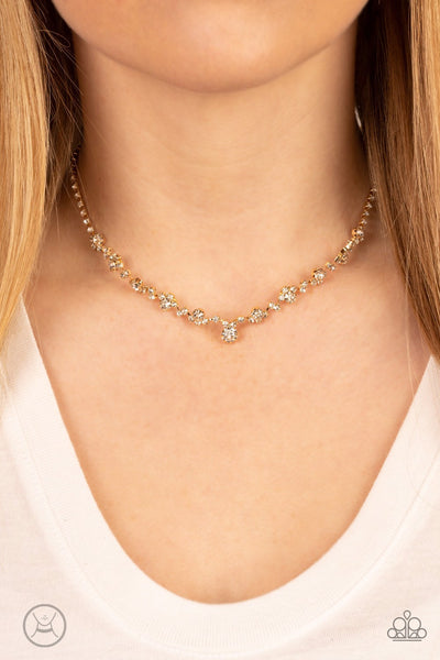 REGAL REBEL - GOLD WITH WHITE RHINESTONE CHOKER NECKLACE - PAPARAZZI
