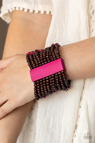 TROPICAL TRENDSETTER - PINK AND BROWN WOODEN BEAD STRETCHY BRACELET - PAPARAZZI