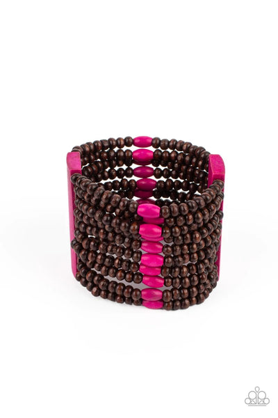 TROPICAL TRENDSETTER - PINK AND BROWN WOODEN BEAD STRETCHY BRACELET - PAPARAZZI