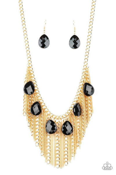 VIXEN CONVICTION - GOLD FRINGE BLACK BEAD NECKLACE - PAPARAZZI