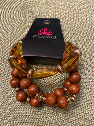 WILD-MANNERED - BRASS ACCENT BROWN WOODEN CHEETAH ANIMAL PRINT BEAD STRETCHY BRACELET - PAPARAZZI