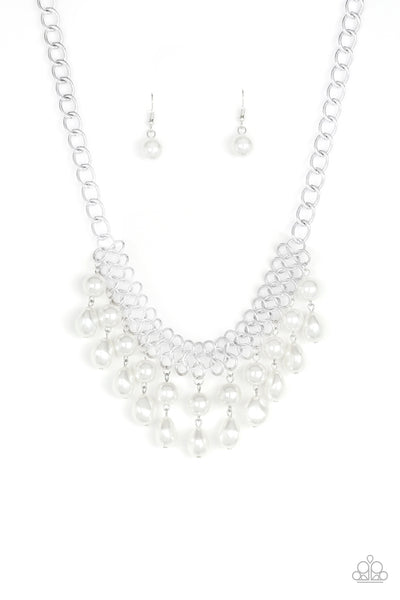 5TH AVENUE FLEEK -SILVER CHAIN WHITE PEARL FRINGE NECKLACE - PAPARAZZI