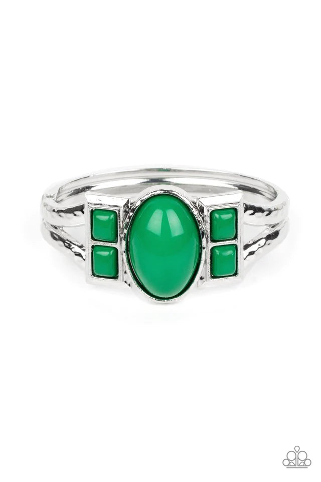A TOUCH OF TIKI - GREEN BEAD SILVER HINGED BRACELET - PAPARAZZI