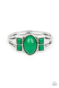 A TOUCH OF TIKI - GREEN BEAD SILVER HINGED BRACELET - PAPARAZZI