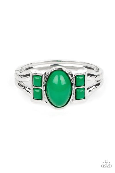 A TOUCH OF TIKI - GREEN BEAD SILVER HINGED BRACELET - PAPARAZZI